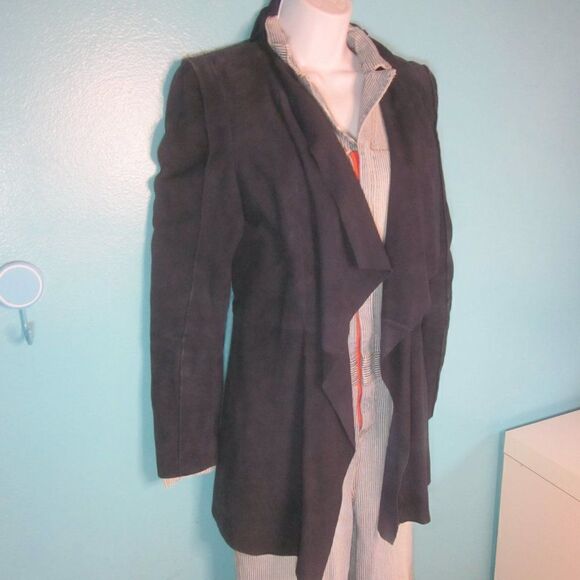 BCBG Womens Size S Navy Blue Leather Coat Draped Layered Waterfall Front Jacket - Picture 1 of 16